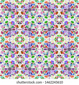 Vector seamless pattern background with different geometrical shapes of multiple colors. Illustration with symmetrical design.