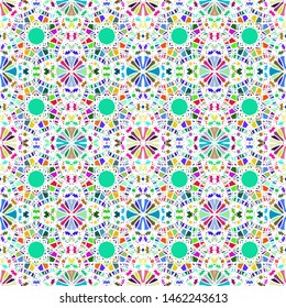 Vector seamless pattern background with different geometrical shapes of multiple colors. Illustration with symmetrical design.