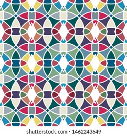 Vector seamless pattern background with different geometrical shapes of multiple colors. Illustration with symmetrical design.