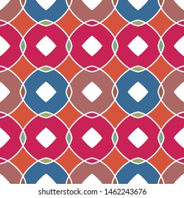 Vector seamless pattern background with different geometrical shapes of multiple colors. Illustration with symmetrical design.