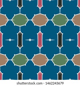 Vector seamless pattern background with different geometrical shapes of multiple colors. Illustration with symmetrical design.