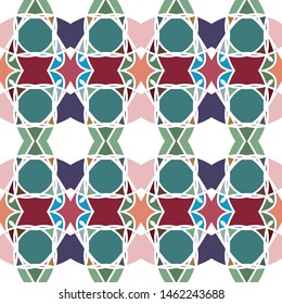 Vector seamless pattern background with different geometrical shapes of multiple colors. Illustration with symmetrical design.