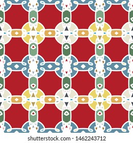 Vector seamless pattern background with different geometrical shapes of multiple colors. Illustration with symmetrical design.