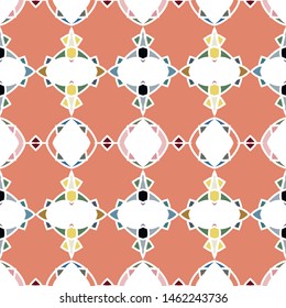 Vector seamless pattern background with different geometrical shapes of multiple colors. Illustration with symmetrical design.