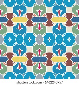 Vector seamless pattern background with different geometrical shapes of multiple colors. Illustration with symmetrical design.