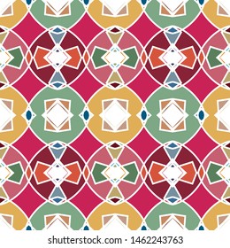 Vector seamless pattern background with different geometrical shapes of multiple colors. Illustration with symmetrical design.