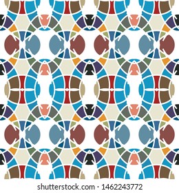 Vector seamless pattern background with different geometrical shapes of multiple colors. Illustration with symmetrical design.