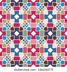 Vector seamless pattern background with different geometrical shapes of multiple colors. Illustration with symmetrical design.