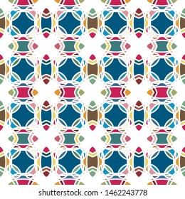 Vector seamless pattern background with different geometrical shapes of multiple colors. Illustration with symmetrical design.