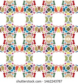 Vector seamless pattern background with different geometrical shapes of multiple colors. Illustration with symmetrical design.