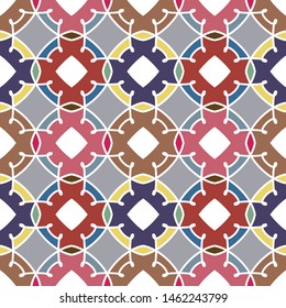 Vector seamless pattern background with different geometrical shapes of multiple colors. Illustration with symmetrical design.