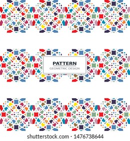 Vector seamless pattern background with different geometrical shapes of multiple colors. Illustration with symmetrical design.