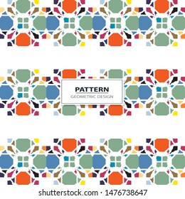 Vector seamless pattern background with different geometrical shapes of multiple colors. Illustration with symmetrical design.