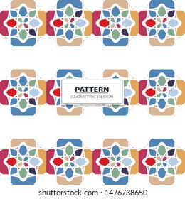 Vector seamless pattern background with different geometrical shapes of multiple colors. Illustration with symmetrical design.
