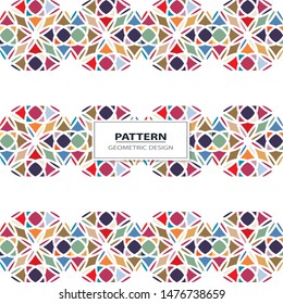 Vector seamless pattern background with different geometrical shapes of multiple colors. Illustration with symmetrical design.