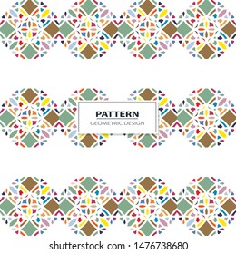 Vector seamless pattern background with different geometrical shapes of multiple colors. Illustration with symmetrical design.