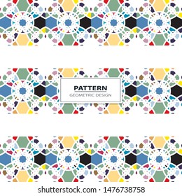Vector seamless pattern background with different geometrical shapes of multiple colors. Illustration with symmetrical design.
