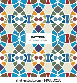 Vector seamless pattern background with different geometrical shapes of multiple colors. Illustration with symmetrical design.