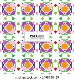 Vector seamless pattern background with different geometrical shapes of multiple colors. Illustration with symmetrical design.