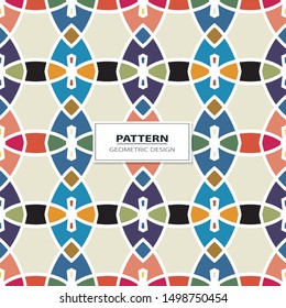 Vector seamless pattern background with different geometrical shapes of multiple colors. Illustration with symmetrical design.