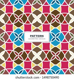 Vector seamless pattern background with different geometrical shapes of multiple colors. Illustration with symmetrical design.