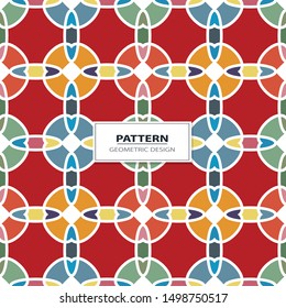 Vector seamless pattern background with different geometrical shapes of multiple colors. Illustration with symmetrical design.