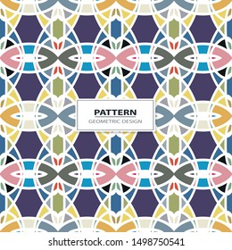 Vector seamless pattern background with different geometrical shapes of multiple colors. Illustration with symmetrical design.