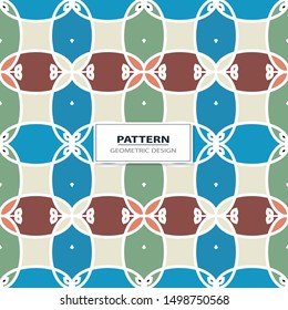 Vector seamless pattern background with different geometrical shapes of multiple colors. Illustration with symmetrical design.