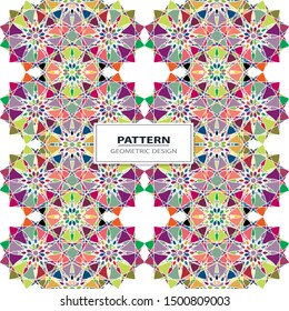 Vector seamless pattern background with different geometrical shapes of multiple colors. Illustration with symmetrical design.