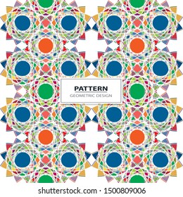 Vector seamless pattern background with different geometrical shapes of multiple colors. Illustration with symmetrical design.