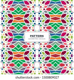 Vector seamless pattern background with different geometrical shapes of multiple colors. Illustration with symmetrical design.
