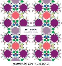 Vector seamless pattern background with different geometrical shapes of multiple colors. Illustration with symmetrical design.