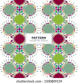 Vector seamless pattern background with different geometrical shapes of multiple colors. Illustration with symmetrical design.