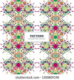 Vector seamless pattern background with different geometrical shapes of multiple colors. Illustration with symmetrical design.