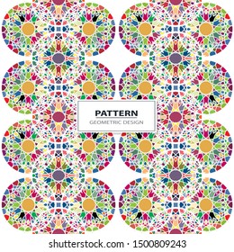 Vector seamless pattern background with different geometrical shapes of multiple colors. Illustration with symmetrical design.