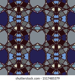 Vector seamless pattern background with different geometrical shapes of multiple colors. Illustration with symmetrical design.
