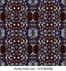 Vector seamless pattern background with different geometrical shapes of multiple colors. Illustration with symmetrical design.