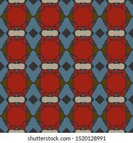 Vector seamless pattern background with different geometrical shapes of multiple colors. Illustration with symmetrical design.
