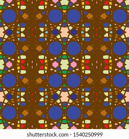 Vector seamless pattern background with different geometrical shapes of multiple colors. Illustration with symmetrical design