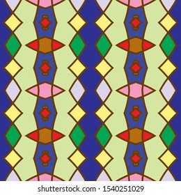 Vector seamless pattern background with different geometrical shapes of multiple colors. Illustration with symmetrical design