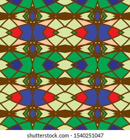 Vector seamless pattern background with different geometrical shapes of multiple colors. Illustration with symmetrical design