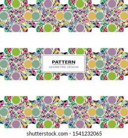 Vector seamless pattern background with different geometrical shapes of multiple colors.