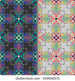 Vector seamless pattern background with different geometrical shapes of multiple colors. Illustration with symmetrical design.