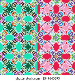 Vector seamless pattern background with different geometrical shapes of multiple colors. Illustration with symmetrical design.