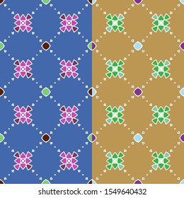 Vector seamless pattern background with different geometrical shapes of multiple colors. Illustration with symmetrical design.