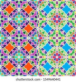 Vector seamless pattern background with different geometrical shapes of multiple colors. Illustration with symmetrical design.