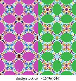 Vector seamless pattern background with different geometrical shapes of multiple colors. Illustration with symmetrical design.