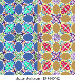 Vector seamless pattern background with different geometrical shapes of multiple colors. Illustration with symmetrical design.