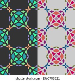 Vector seamless pattern background with different geometrical shapes of multiple colors. Illustration with symmetrical design.