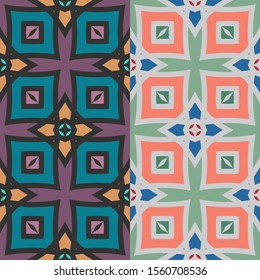 Vector seamless pattern background with different geometrical shapes of multiple colors. Illustration with symmetrical design.